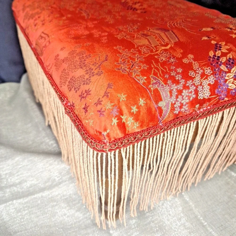 VTG Japanese Baroque‎ Red Long Fringe Upholstered Wood Footstool 14.5x10.5x8.5